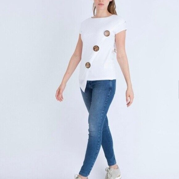 Marble Asymmetrical Hem Oversized Buttons White Short Sleeve Top - Picture 2 of 7
